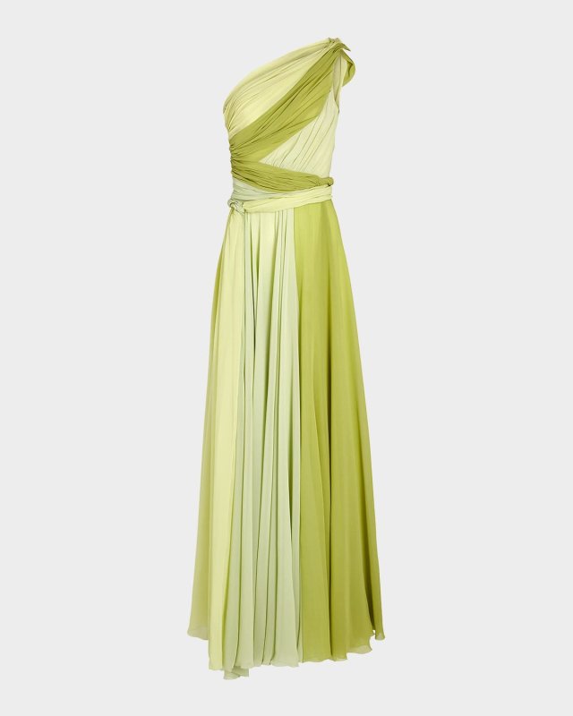 Draped One-Shoulder Multi-Color Silk Slit Gown